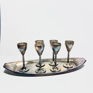 Vintage Art Deco Silver Plated Pálinkás Készlet – 6 Shot Glasses & Oval Tray Set